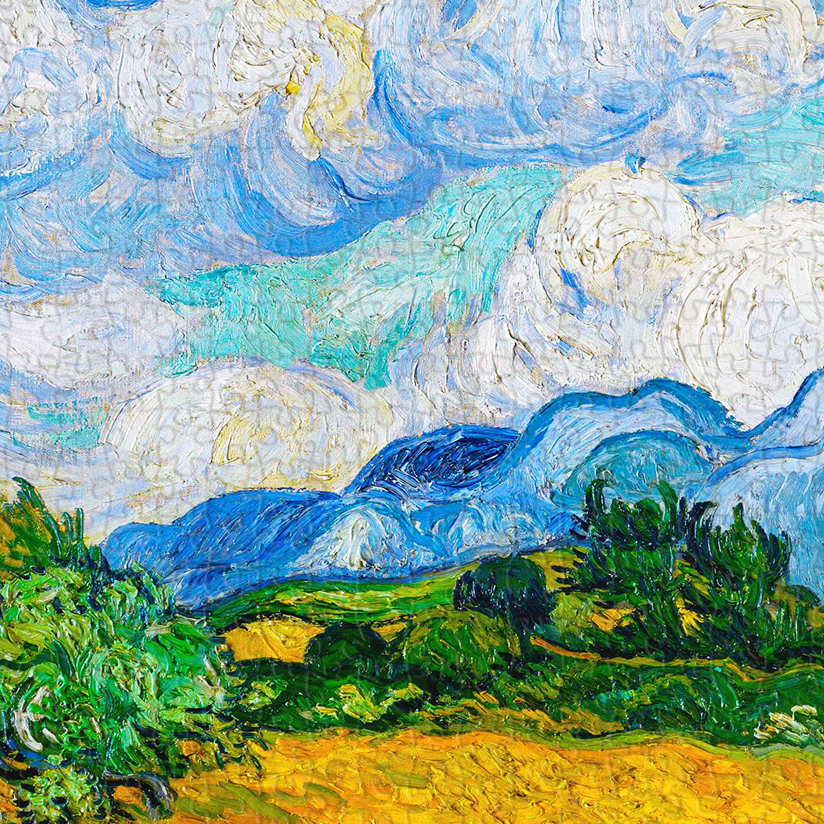 In this mesmerizing artwork, the wheat fields sway like waves beneath a swirling blue sky, while tall cypress trees stand as graceful sentinels in the wind.