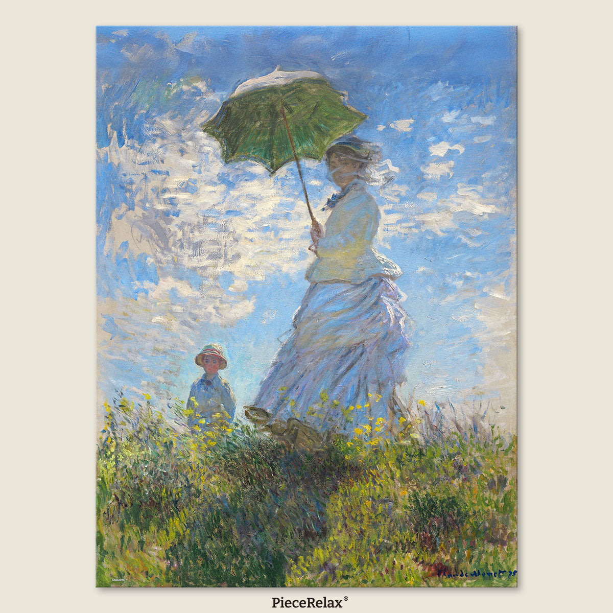 This stunning artwork captures a fleeting moment — a woman standing in the open field, her parasol lifted gently as the breeze dances through her dress and hair.