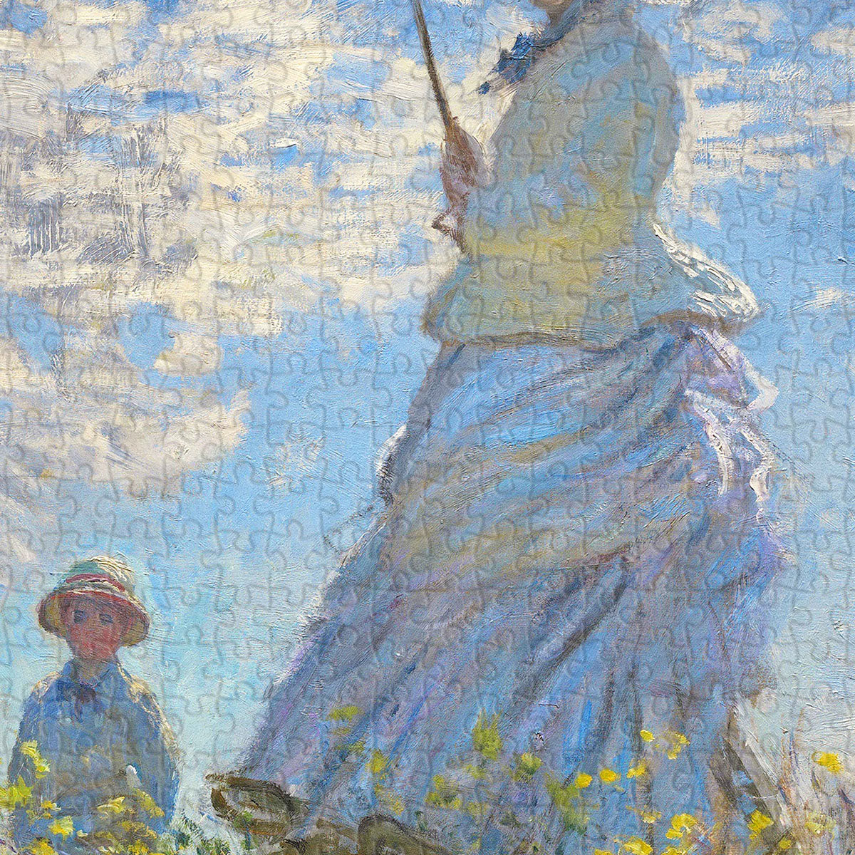 This stunning artwork captures a fleeting moment — a woman standing in the open field, her parasol lifted gently as the breeze dances through her dress and hair.