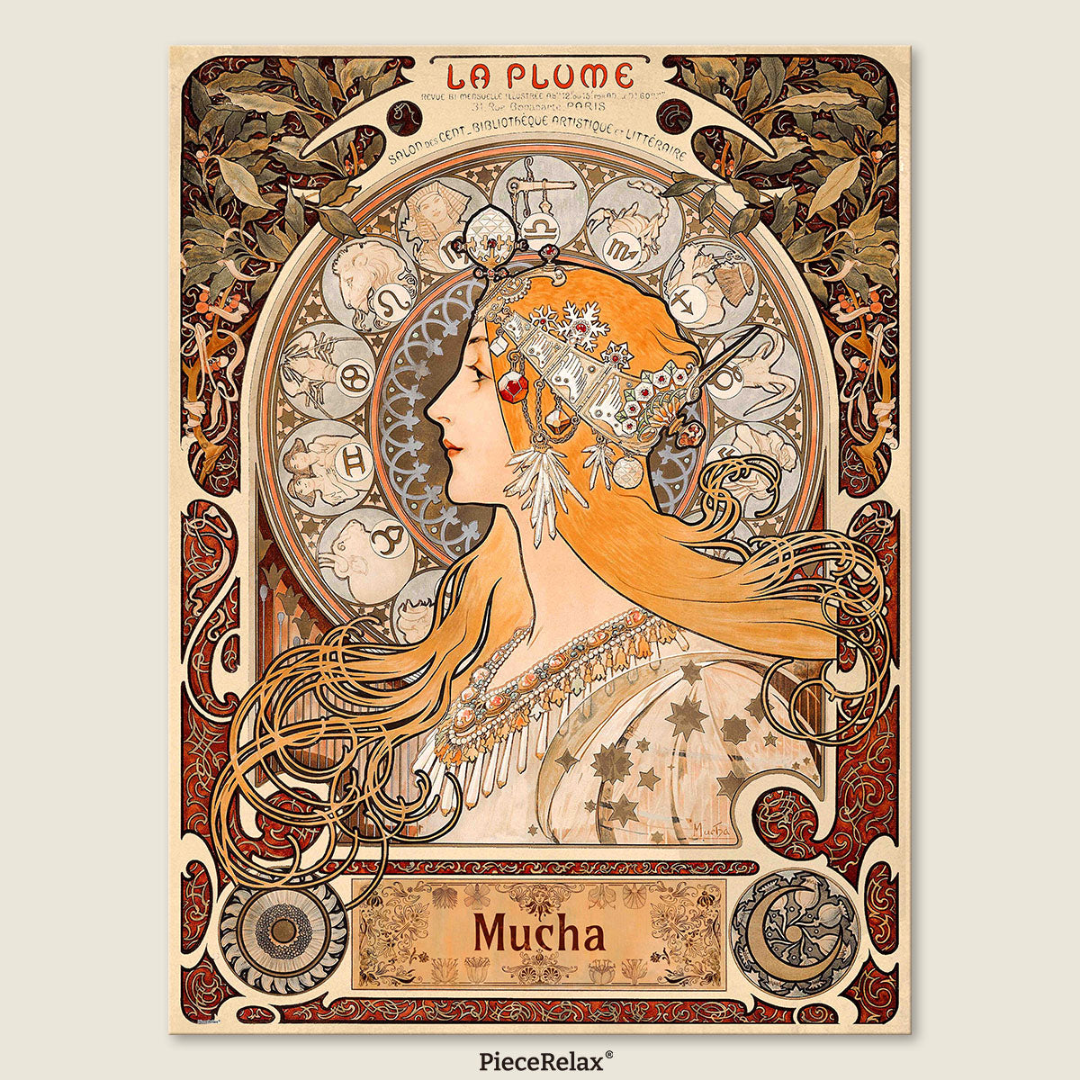 Every detail — from the flowing hair and ornate halos to the intricate zodiac wheel — radiates Mucha's signature Art Nouveau style.