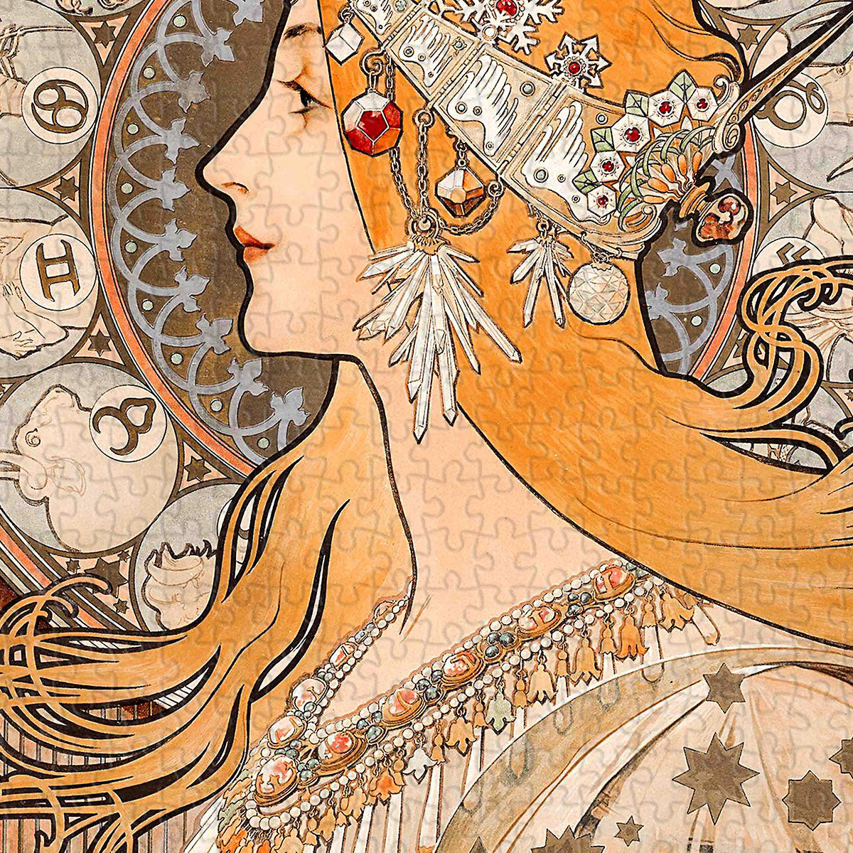 Every detail — from the flowing hair and ornate halos to the intricate zodiac wheel — radiates Mucha's signature Art Nouveau style.