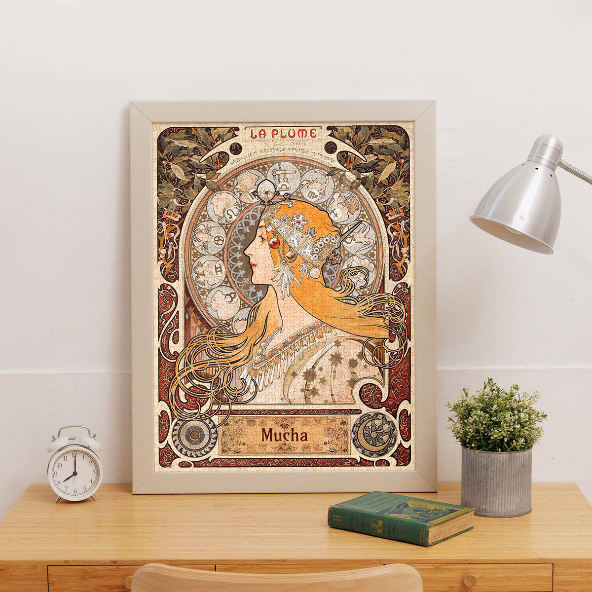 Every detail — from the flowing hair and ornate halos to the intricate zodiac wheel — radiates Mucha's signature Art Nouveau style.
