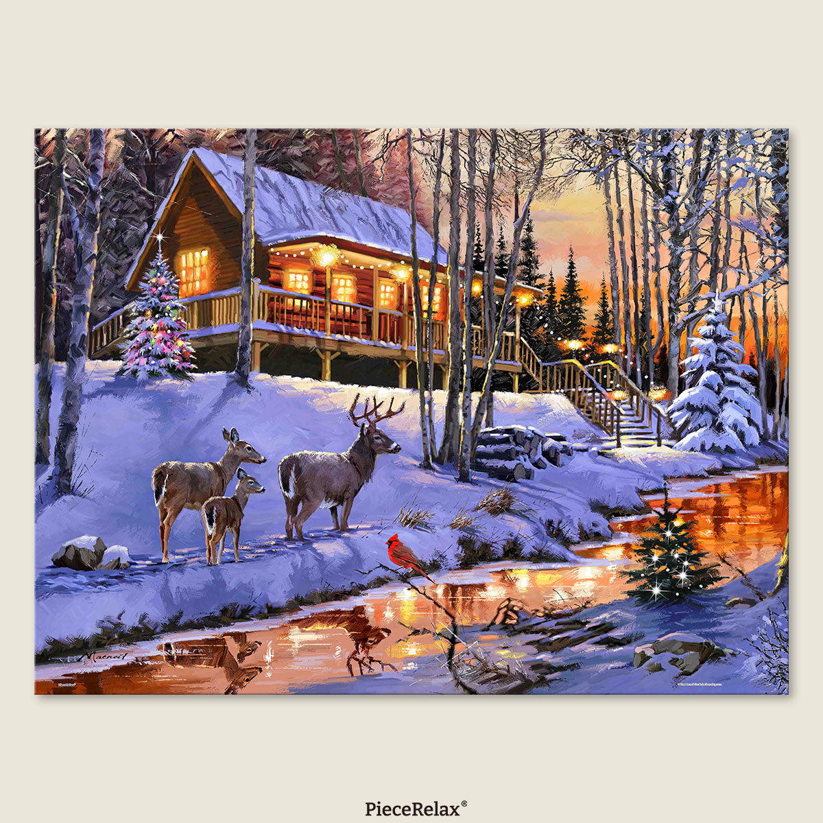 A cozy, snow-covered cabin nestled deep within the peaceful forest. Step inside, connect with Mother Nature.