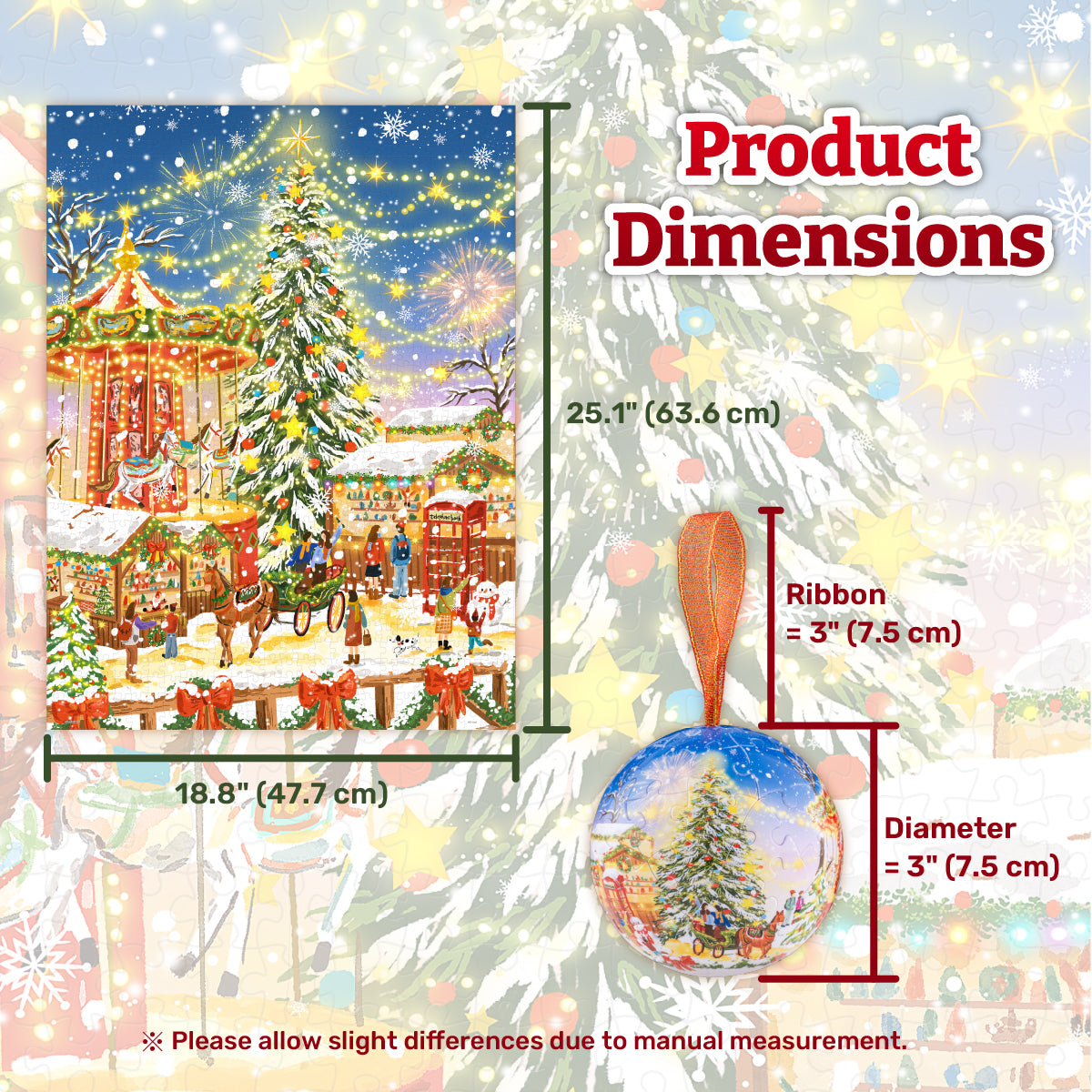 A festive Christmas gift set featuring one 1,008-piece flat puzzle and a holiday bauble. Colorful lights turn a snowy wonderland into a sparkling Christmas amusement park. Experience a winter world bursting with vibrant holiday colors!