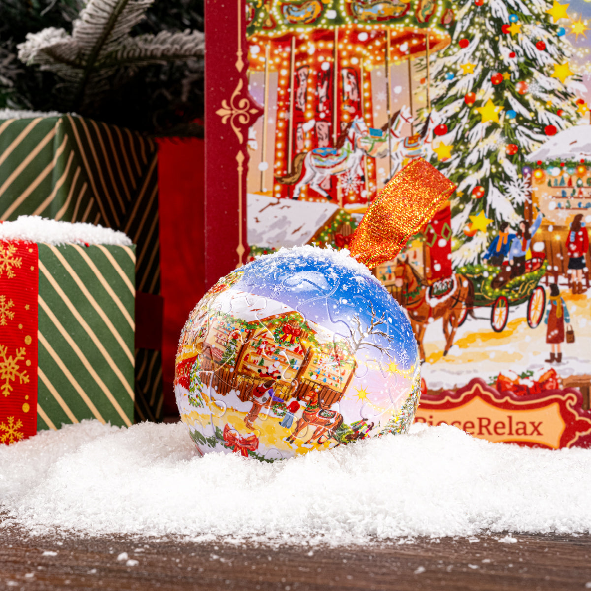 A festive Christmas gift set featuring one 1,008-piece flat puzzle and a holiday bauble. Colorful lights turn a snowy wonderland into a sparkling Christmas amusement park. Experience a winter world bursting with vibrant holiday colors!