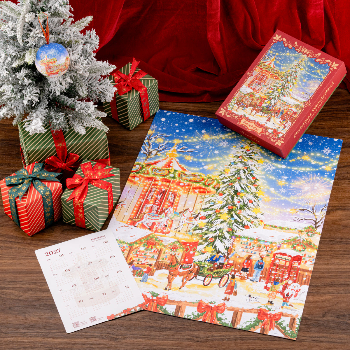 A festive Christmas gift set featuring one 1,008-piece flat puzzle and a holiday bauble. Colorful lights turn a snowy wonderland into a sparkling Christmas amusement park. Experience a winter world bursting with vibrant holiday colors!